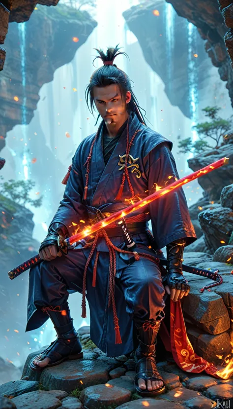 score_9, score_8_up, score_7,an epic katana, legendary katana sitting in a rocky stand, there are glowing runes on the katana, f...