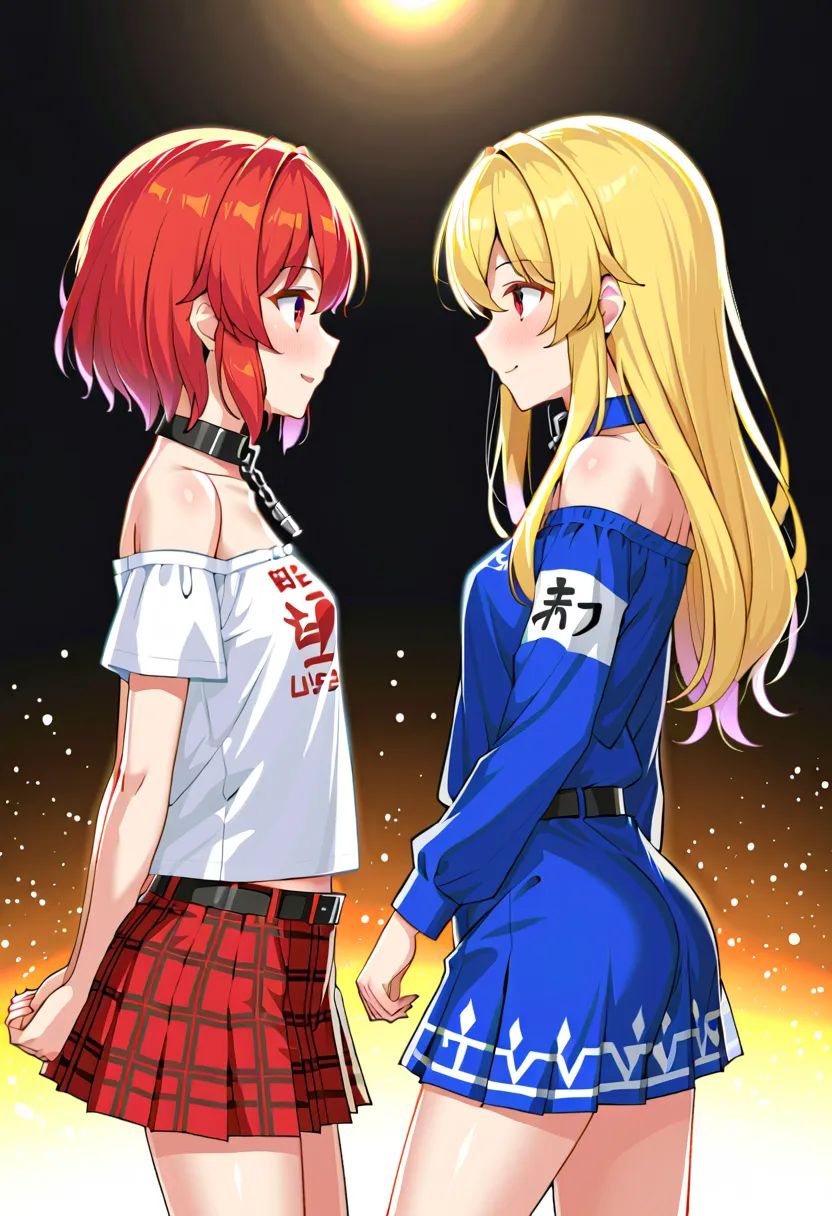 2girl, hecatia lapislazuli, polos crown, red hair, short hair, red eyes, chain, collar, off shoulder shirt, clothes writing, bel...