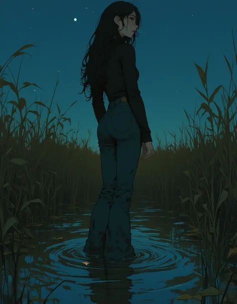 woman, turtlenecks and tight skinny flared jeans, ,drowning in swamp, green brown reeds, night sky, red lips, side view,