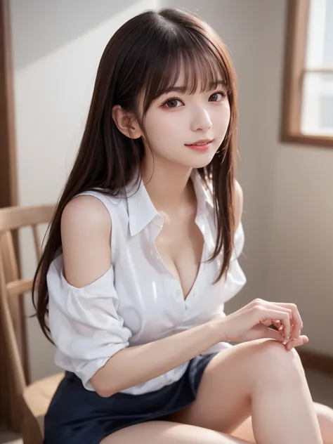  white shirt 、 complex and beautiful eyes、woman、 womanらしい黒髪、(Long and beautiful legs : 1.5), (Mysterious One Piece : 1.6), skirt、(Delicate and realistic hair、１Realistic hair)、bangs、 natural colored lips、(smile : 1.1)、((White Indoor))、((18歳woman:1.2))、 youn...