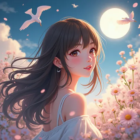 Flowers, birds, wind and moon　 high resolution on down,  3d rendering , 8K Octane, anime, solo, Long Hair, Brown Hair,  open your mouth slightly , smile, Woman looking back