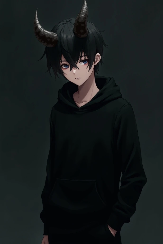 Boy teen handsome black hoodie black pants black hair horned anime manga