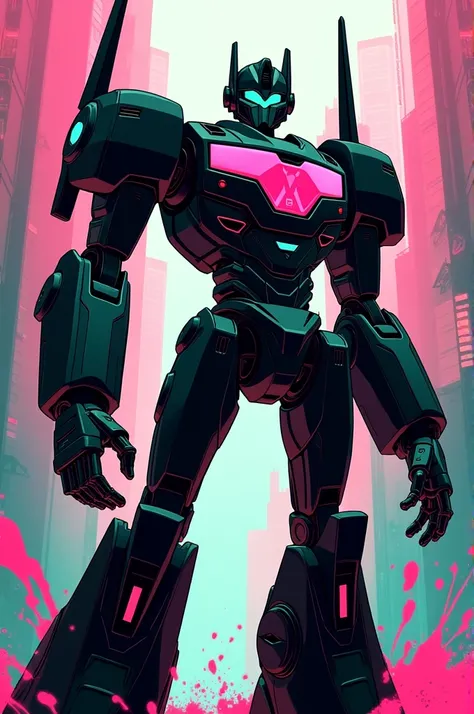  Slim robot with a scenecore  (black color,  pink and neon green , and white) and a  (like a transformer )  comic-style viewer  ( painting that NO NO NO NO DOESNT look like Optimus Prime
)