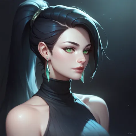 female black sleveeless turtleneck with bare shoulders, beautiful faces, black hair long ponytail, earrings, soft smooth skin, pale skin, black background, green eyes, sci-fi, high contrast, dark foggy