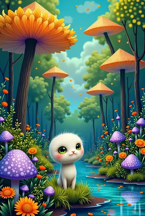   Mystical fantasy world 、Stylish Illustration 、Dandelion fluff dances  、  Story style about a unique and mysterious baby creature with a sense of transparency 、  Cheerful and Unique Fantasy Creatures  、 smaller than tree nuts   、 Big attractive green eyes...