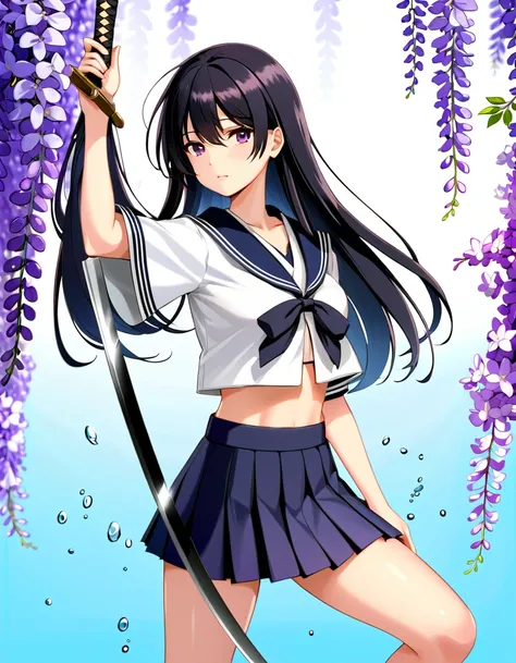 1 girl, one katana sword, a schoolgirl in a sailor suit brandishing a katana sword in front of wisteria flowers, dynamic pose, wisteria flower is 2D illustration. long black hair in hime cut, Neat straight bangs arranged horizontally, Wearing a Japanese sc...