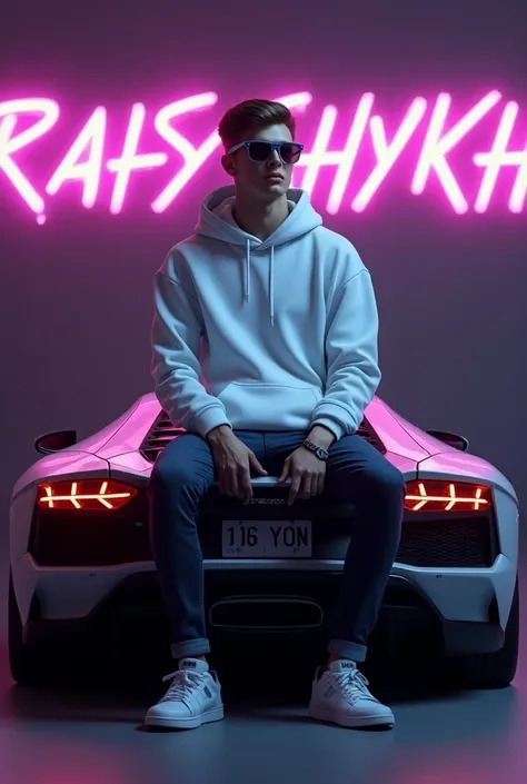 Create a 3D illusion for a profile picture where a 25 Year old cute boy in a white hoodie Sitting casually on a Wingback supercar. Wearing sneakers, with sunglasses, he looks ahead. The background feature rafayshykh in big and capital purpel neon light fon...