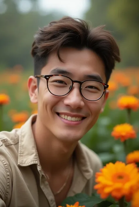 Very realistic,16k, Improved quality , Perfect face, perfect hands, Perfect body,  very fine details , Perfect hair,  A young man wearing ,  Perfect glasses , Perfect smile, Very realistic, Very realistic background,  Full body ,  Taking a picture in the f...