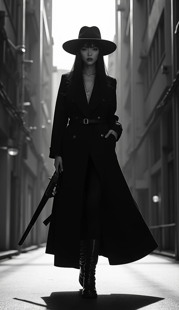  A beautiful Japanese woman wearing a black long trench coat and a wide-brimmed hat is standing、A very long trench coat that extends to her feet 、 There&#39;s a shadow at my feet、Black Hair、Straight long hair up to the chest 、One Length、 staring at the vie...