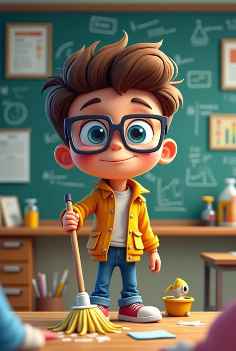 Please help me use Labor Star to generate one more poster，Cartoon，teenager，Wearing glasses，Hand cleaning tool ， The background is a classroom blackboard