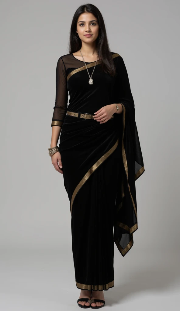 Pakistan woman, aged 25, white skin, long black hair, black tight velvet  saree, saree draped over left shoulder, gold accent, black velvet full-sleeve blouse, black sandals, black velvet short gloves, Rolex watch over the left hand, gucci waist belt, stan...