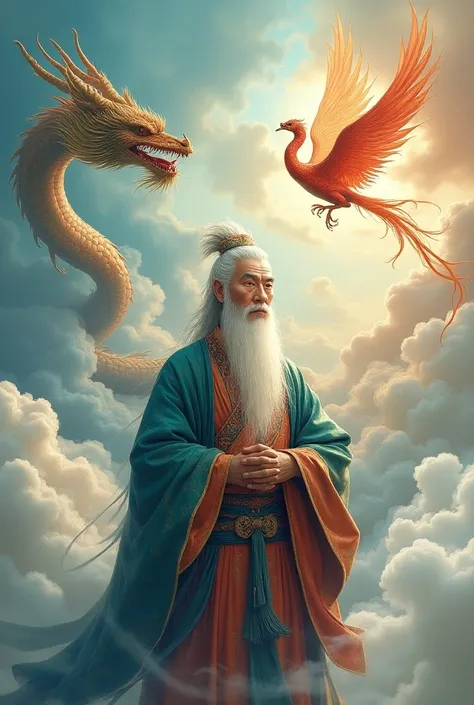  Chinese light haired old and long beard ，Wearing colorful clothes ， with Great Chinese Dragon and Big Phoenix in the sky cloud