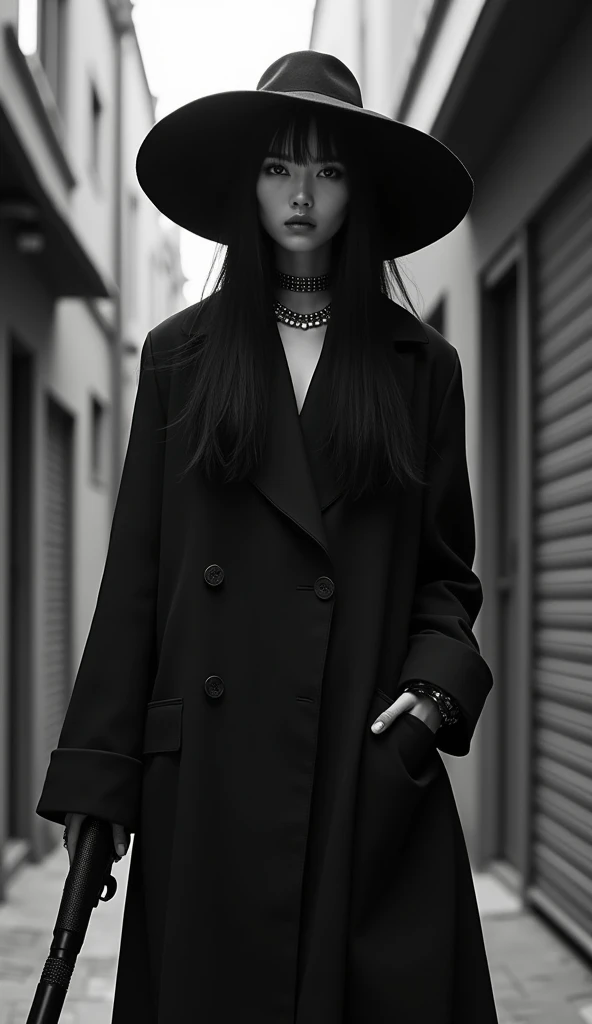  A beautiful Japanese woman wearing a black long trench coat and a wide-brimmed hat is standing、A very long trench coat that extends to her feet 、 There&#39;s a shadow at my feet、Black Hair、Straight long hair up to the chest 、One Length、 staring at the vie...