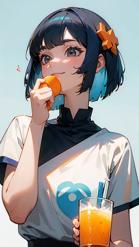 20-year-old women、 Dusty Blue Hair 、Jet Black Brown Eyes 、 bob cut、Orange hair ornament、Looking upwards 、The upper body is a white t-shirt 、Holding a cup filled with drinks、smile、delicious、No background、Background white