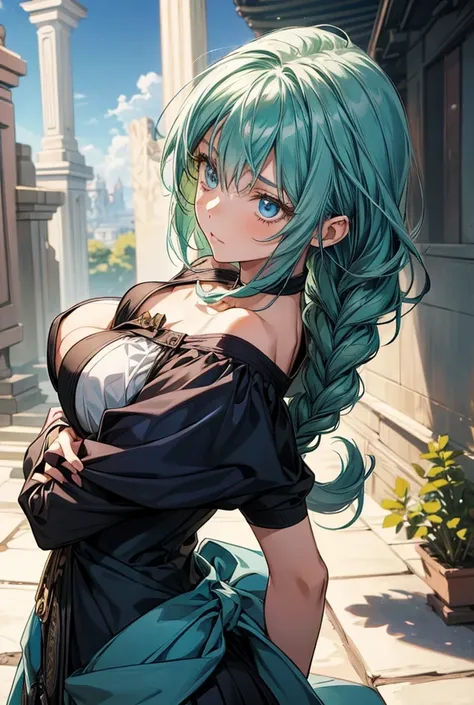  1 girl, solo,  shortcuts,  blue eyes, Character portrait,  character design drawing,  anime style, witch、Petite body、 side braids,  shoulder hair , Green Hair、 big breasts at the temple, 