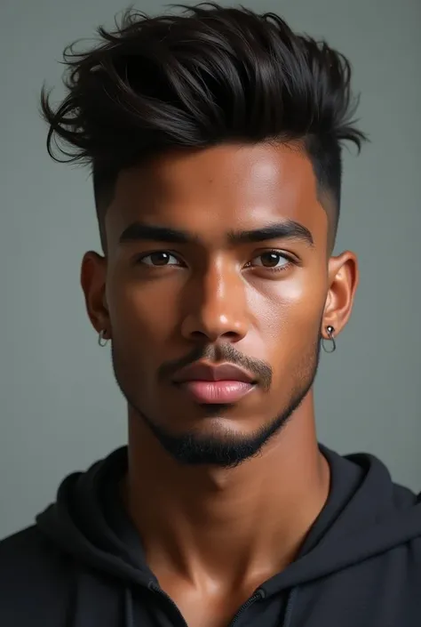 Design a mixed-ethnicity male model combining Indian and African-American traits, with brown skin, a high fade hairstyle, and warm, expressive eyes. Dress him in a stylish sports outfit, hinting at his athletic abilities and fitness focus.

Blush, Heteroch...