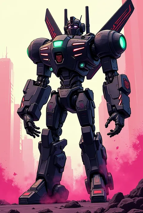  Slim robot with a scenecore  (black color,  pink and neon green , and white) and a  (like a transformer )  comic-style viewer  ( painting that NO NO NO NO DOESNT look like Optimus Prime
) Like with double antennas and two airplane wings on the back