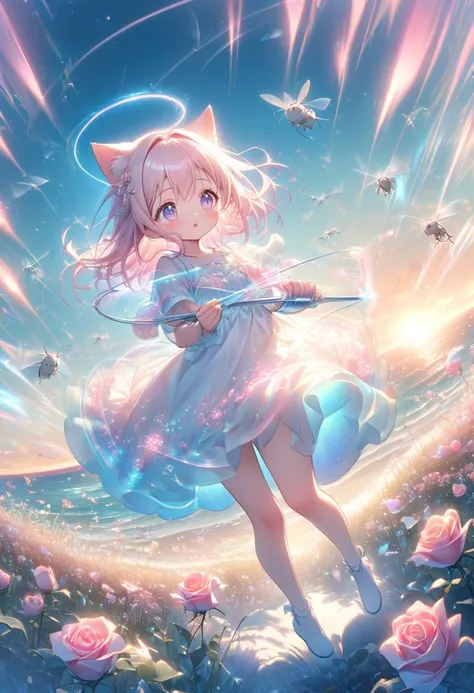 white cute little girl cat angel 、(( full body shot :1.2))、free angle 、 floats up and flies like a helicopter、 plastic rapier gl...