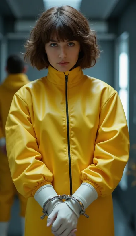 a realistic french woman with short curly brown hair and fringe haircut, being cuffed in a futuristic space trial court. shes wearing a zipped yellow rubber jumpsuit, white Hunter rubber boots. fShe have handcuffs on her hands and her ankles $ullbody veiw