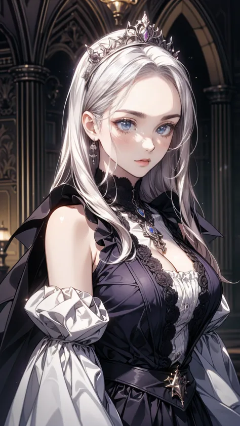 (Best Quality, masterpiece, Super detailed,  very detailed, Exquisite, 16k,  absurd, Full HD), Gothic castle, very cute tiara,( Magic Knight Princess ,  purple eyes, Big Eyes, Pale skin, expensive, Broad Shouldered  , Plump Sexy ),(Decided, I&#39;m crazy,  serious look), ((( Ready to Attack with Swords :1.2))),  Browse Viewers, Cover one eye,   Long Hair Tied Back , Grey Hair, ( Fantasy,  Romantic Atmosphere ), Dramology , Realistic, , ( Medium Shot), (From below), Low angle shot,  Front View, ((Symmetrical Configuration)), Shine, ( dramatic lighting ), ( Movie Lighting), ( Volumetric Lighting), ( Dynamic Lighting), ( bright colors),  bright colors, Warm colors, (Architectural Photography)