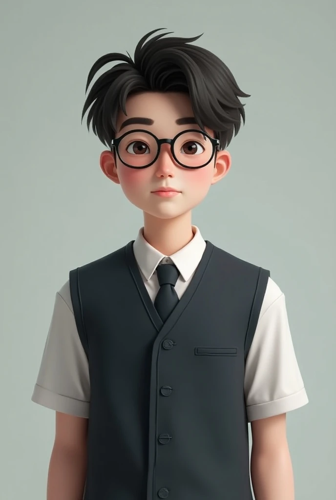 A 16-year-old male virtual character wearing a Thai school uniform. wearing glasses, handsome, fair-skinned, pinkish, cool, and quiet.