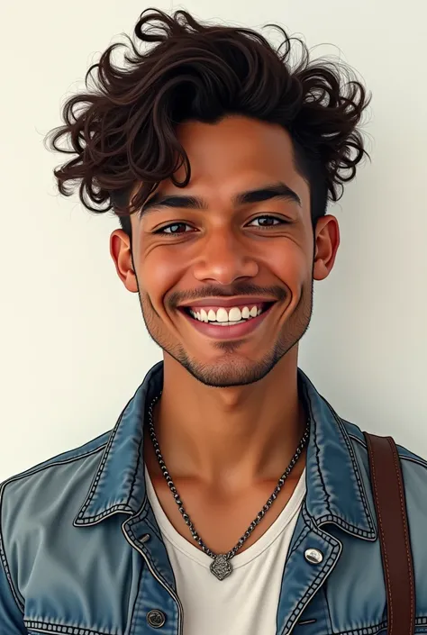 Depict a male model with East Asian and Caribbean heritage, giving him a medium tan skin tone, curly dark brown hair, and a friendly, charming smile. Dress him in trendy casual attire, perhaps with a sketchbook in hand, to represent his talent for art and ...