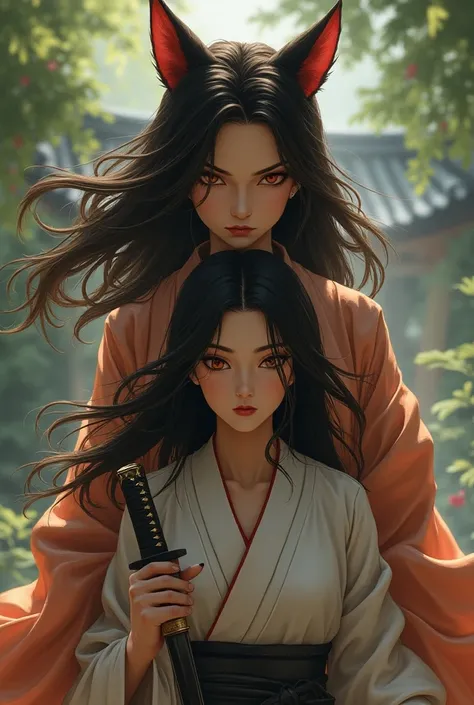 An angry but very beautiful brunette fox girl in a kimono and with a katana protects a beautiful Asian brunette 