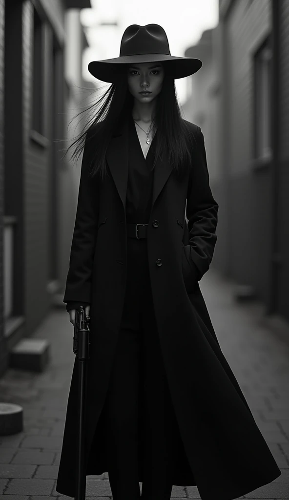  A beautiful Japanese woman wearing a black long trench coat and a wide-brimmed hat is standing、A very long trench coat that extends to her feet 、 There&#39;s a shadow at my feet、Black Hair、Straight long hair up to the chest 、One Length、 staring at the vie...