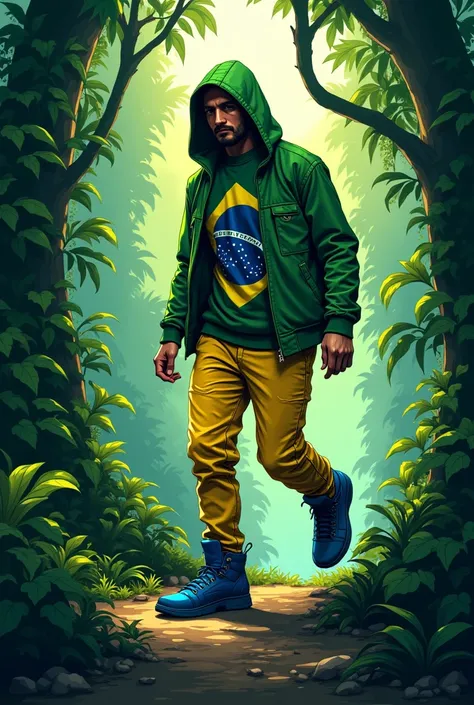  Create an image of a hacker wearing clothes in the colors of the Brazilian flag inside a forest,  with the sentence written below MR SALDITA BRZ