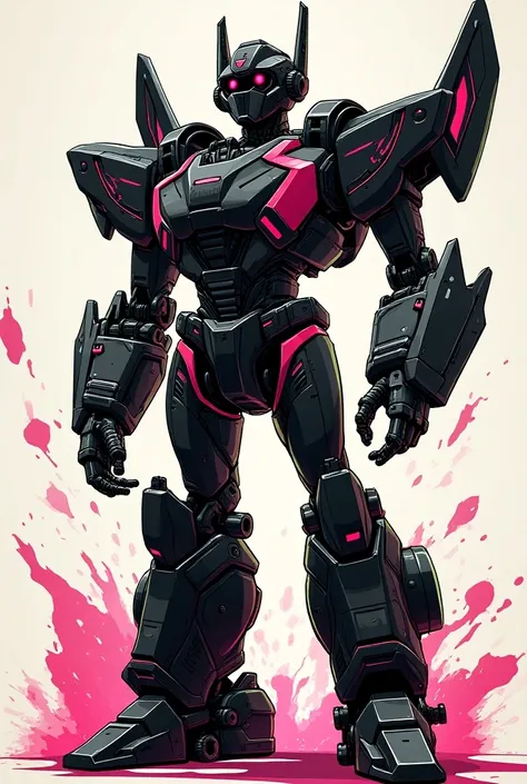  Slim robot with a scenecore  (black color,  pink and neon green , and white) and a  (like a transformer )  comic-style viewer  ( painting that NO NO NO NO DOESNT look like Optimus Prime
) Like with double antennas and two airplane wings on the back