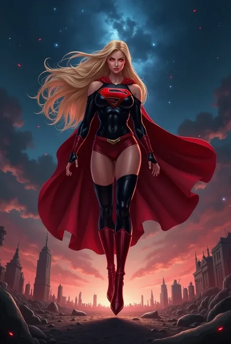 Supergirl do mal, wearing a black and red outfit,niji style, Cowboy photo of a beautiful woman dressed as Superman, long blonde hair, heroic body, glowing red eyes, laser eyes, cape, particle, , red skirt, red boots, pose sexy, , night sky, Countless stars...