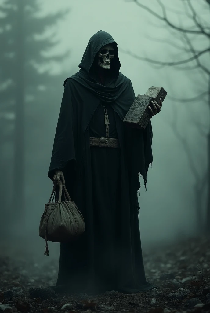 The grim reaper with a mail man bag delivering mails