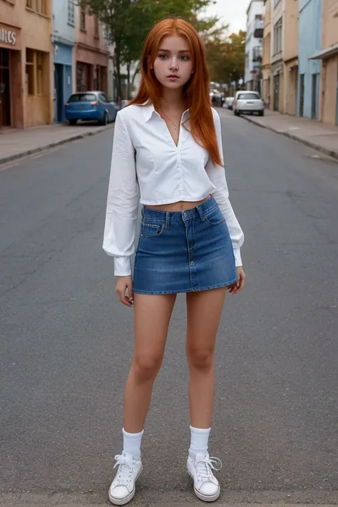 Young fair-skinned teenager with straight copper hair wearing a small white blouse with a blue jeans miniskirt,  white sneakers, Full body scene, posing on the street, senos perfectos, parts