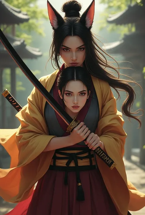 An angry but very beautiful brunette fox girl in a kimono and with a katana protects a beautiful Asian brunette 