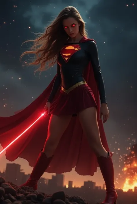 Supergirl do mal, wearing a black and red outfit,niji style, Cowboy photo of a beautiful woman dressed as Superman, long brown hair, heroic body, glowing red eyes, laser eyes, cape, particle, , red skirt, red boots, pose sexy, , night sky, Countless stars,...