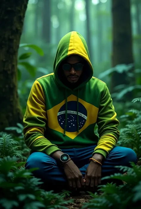  Create an image of a hacker wearing clothes in the colors of the Brazilian flag inside a forest,  With a written phrase that is mr saldita brz