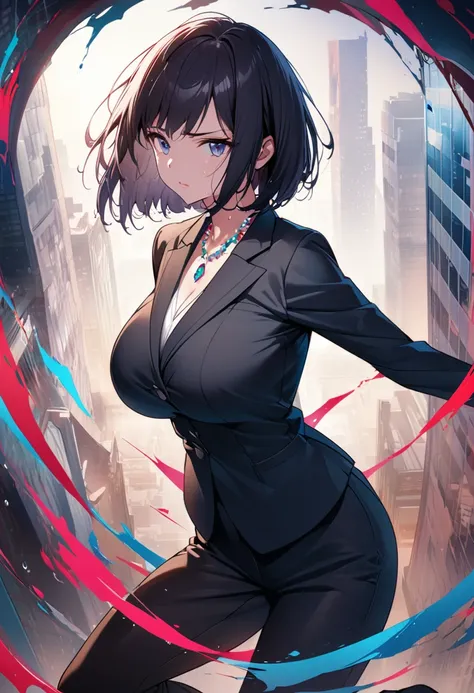 Beautiful girl 、Age 30、Best Quality、Ultra-precision、Detailed drawing、Office District、 acrobatic leap for the camera、Sharpness、 business suit 、slender slacks、Close to the body、Beautiful big boobs、 bob cut、Vivid colors、 serious look、Slender figure、 jewel nec...