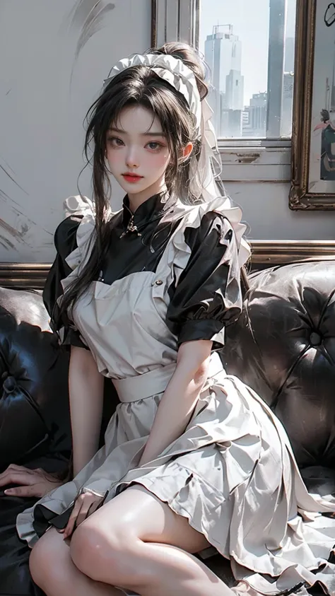 masterpiece、Best Quality、 High Resolution 、Realistic photos、 High Resolution 、 original photo、( A Maid Sitting on the Sofa of a Luxury Mansion)、(( 1 girl 、 Young Woman Hiding in Corridor Corner 、 Delicate face and eyes 、 beautiful face、ponytail、 glossy ski...