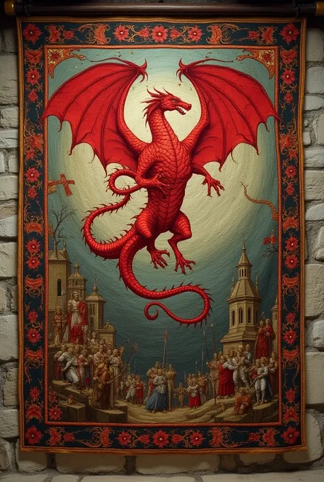 Generate an image of an ancient tapestry. Embroidered on the tapestry is Viseryss War of Succession and a red three headed dragon. the tapestry is hanging on a wall. Medieval setting.