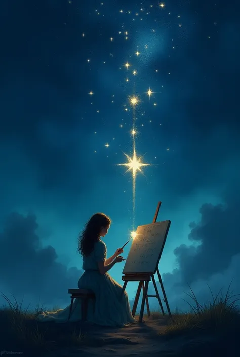 One night, as she was painting the stars, Elara noticed that one star she painted glowed brighter than the others. It sparkled, forming a message: “The magic you hold is meant to bring hope, but beware of using it for greed.”*

**Drawing:** The night sky f...