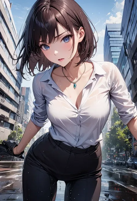 Beautiful girl 、Age 30、Best Quality、Ultra-precision、Detailed drawing、Office District、 acrobatic leap for the camera、Sharpness、 business suit 、slender slacks、Close to the body、Beautiful figure、 bob cut、Vivid colors、 serious look、Slender figure、 jewel neckla...