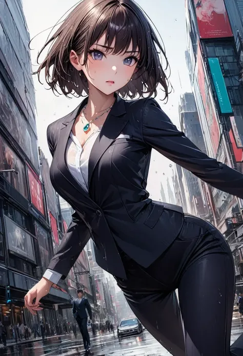 Beautiful girl 、Age 30、Best Quality、Ultra-precision、Detailed drawing、Office District、 acrobatic leap for the camera、Sharpness、 business suit 、slender slacks、Close to the body、Beautiful figure、 bob cut、Vivid colors、 serious look、Slender figure、 jewel neckla...