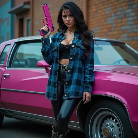 a thuggish tall curvy gothic woman wearing blue flannel open with beater shirt, leggings, and work boots, holding a pink glock and standing next to a pink 1982 chevrolet monte carlo, (best quality,4k,8k,highres,masterpiece:1.2),ultra-detailed,(realistic,ph...