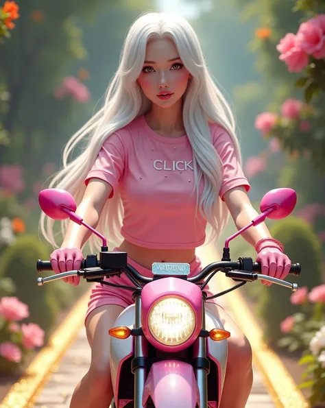 . , the clean face of a real girl , white hair,  long hair 

 in the pink  ,   pink motorcycle shorts and pink sports gloves , Realistic Girl, clear skin, 

model Ekaterina Enokaeva ,  height 182 , weight 52 

.  riding on a pink and white Honda Click  ,  ...