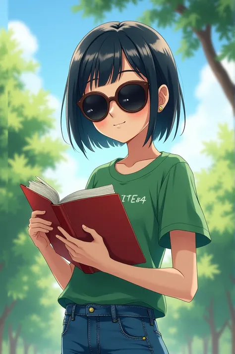 Babe Teen Sunglasses Book Hat Green Shirt Jeans Short Black Hair Long Anime Manga
