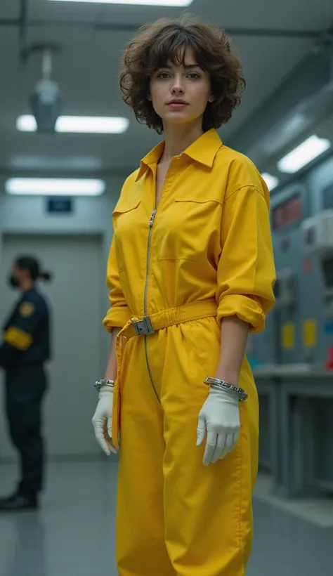 a realistic french woman with short curly brown hair and fringe haircut, being cuffed in a futuristic space trial court. shes wearing a zipped yellow prison jumpsuit, white Hunter rubber boots. She have handcuffs on her hands and her ankles are chained wit...