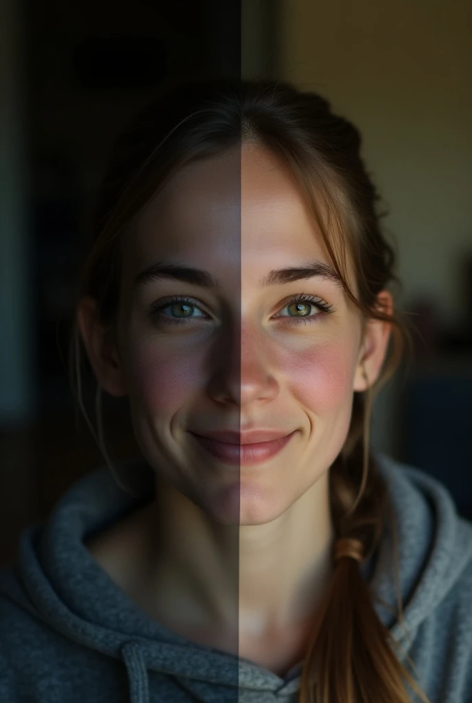 A split-screen with two sides. person 24 years old. On the left, . Messy backroom, unhealthy, sad dark circles on eyes .On the right, good environment, happy, healthy, smiling, symbolizing focus.