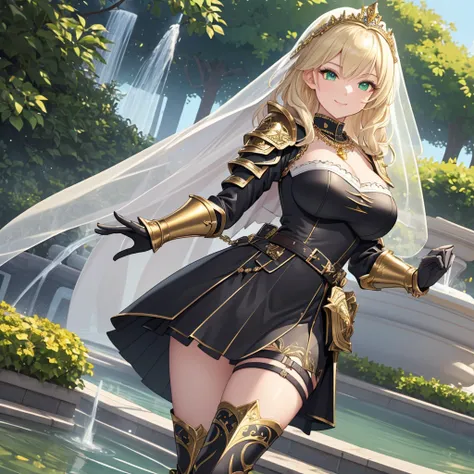 masterpiece, Best Quality,(((pure white short veil))),(( black princess knight leather armor with luxurious gold decorations ,Tall woman)), (huge breasts), Bust-length blonde ,wavy hair,Pale skin,Happy smile,(((Green Eyes,  detailed eyes))),Belt pouch on w...