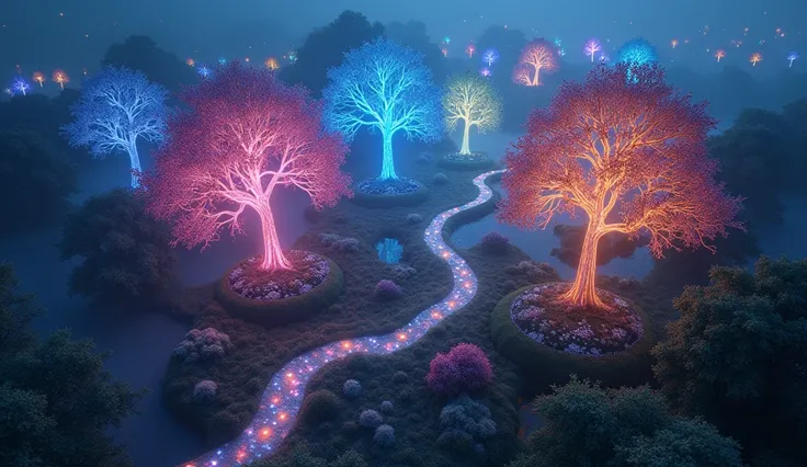 A hyper-realistic aerial view of a magical forest at night, illuminated by radiant multicolored light. The trees shimmer with vibrant hues, their branches glowing as if alive. Trails of dynamic light connect the glowing trees, while the forest floor glows ...