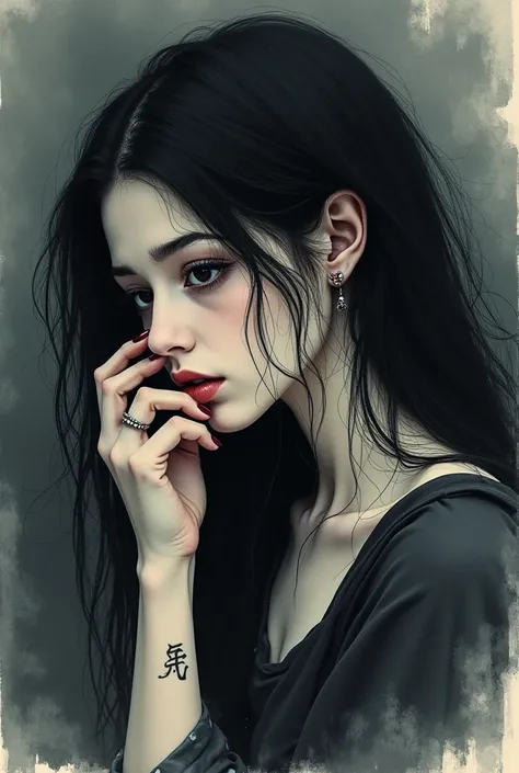 watercolor, blackい髪、Long Hair、 Darkness、black、depression、sorrow、 downward expression  、Illustration、Anime、beautiful、  girl、tattoo、 earrings for a woman alone、 Creepy Smile 、 place your right hand on your cheek 、Nail、eyelash、compensate、 nice 、指にもtattoo、 Tig...